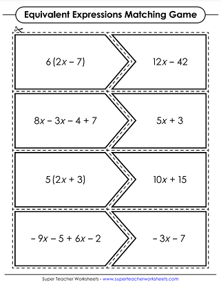Worksheet featuring a matching activity for equivalent expressions related to time and money concepts. Engaging sixth-grade exercise to practice finding equivalent expressions.