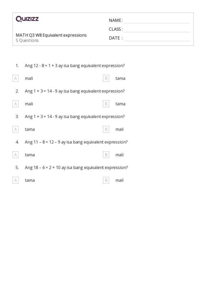 Sixth grade math students practicing equivalent expressions with a hands-on matching activity worksheet 24