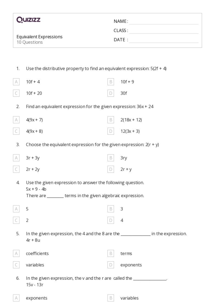 Worksheet featuring a matching activity on equivalent expressions for sixth graders