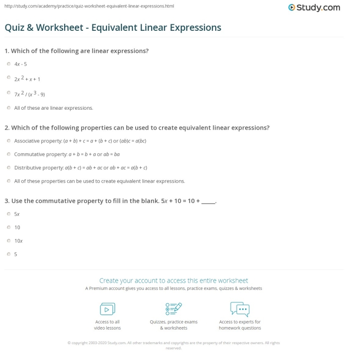 Seventh-grade algebra worksheet on equivalent linear expressions Worksheet for identifying equivalent linear expressions in seventh-grade math