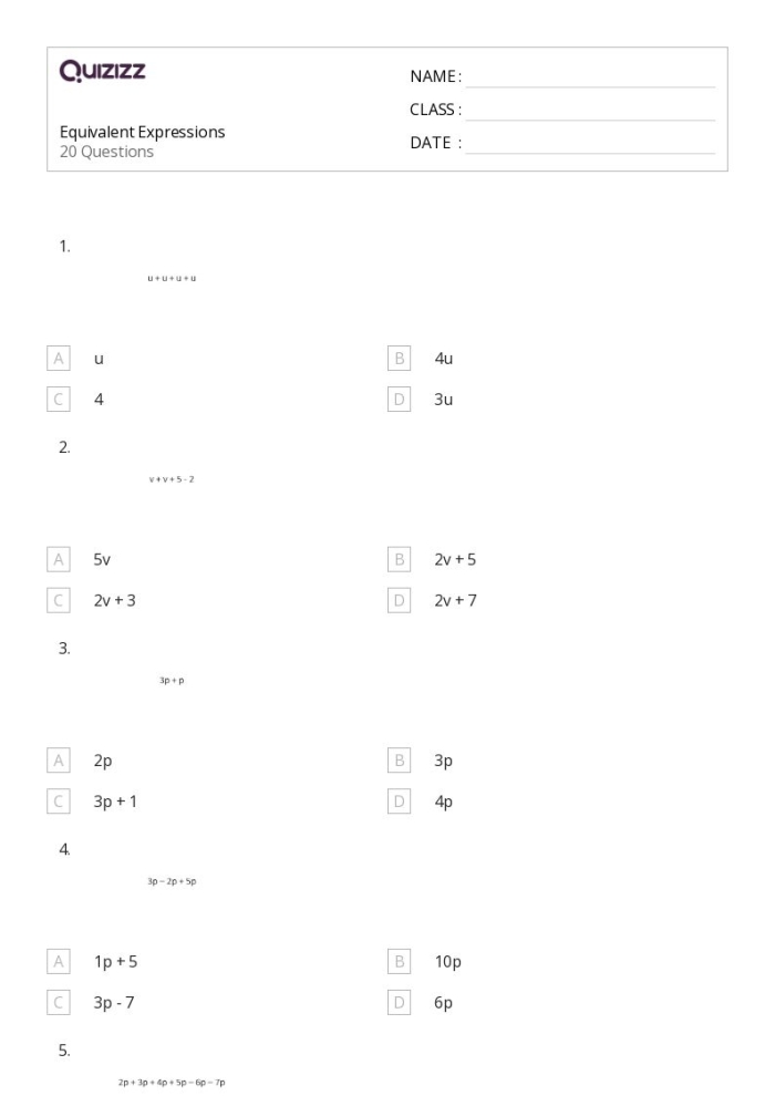 Worksheet for practicing equivalent expressions in algebra for sixth graders