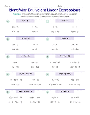 Seventh Grade Algebra Worksheet on Equivalent Linear Expressions Worksheet for identifying equivalent linear expressions for seventh graders