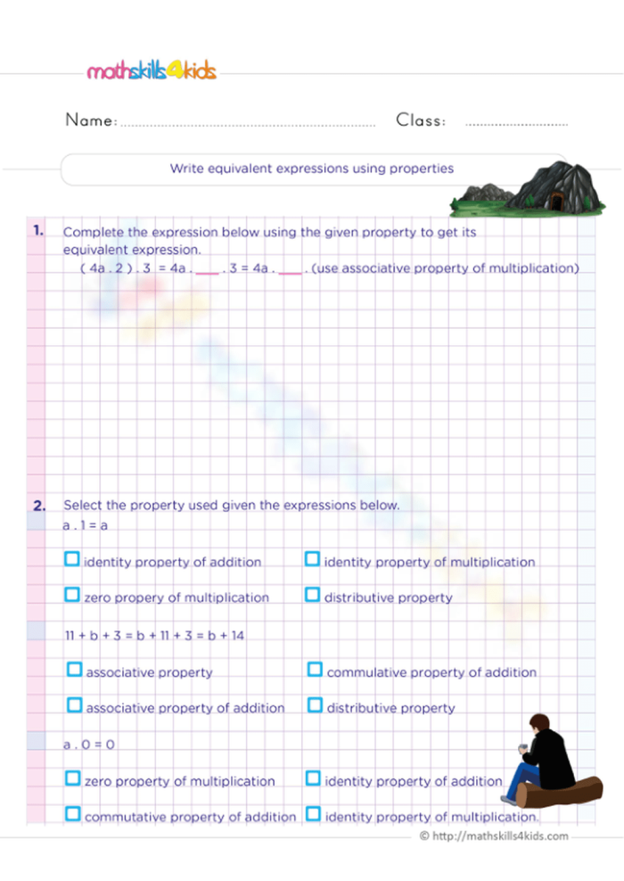 Sixth grade math worksheet for practicing equivalent expressions with addition and multiplication properties