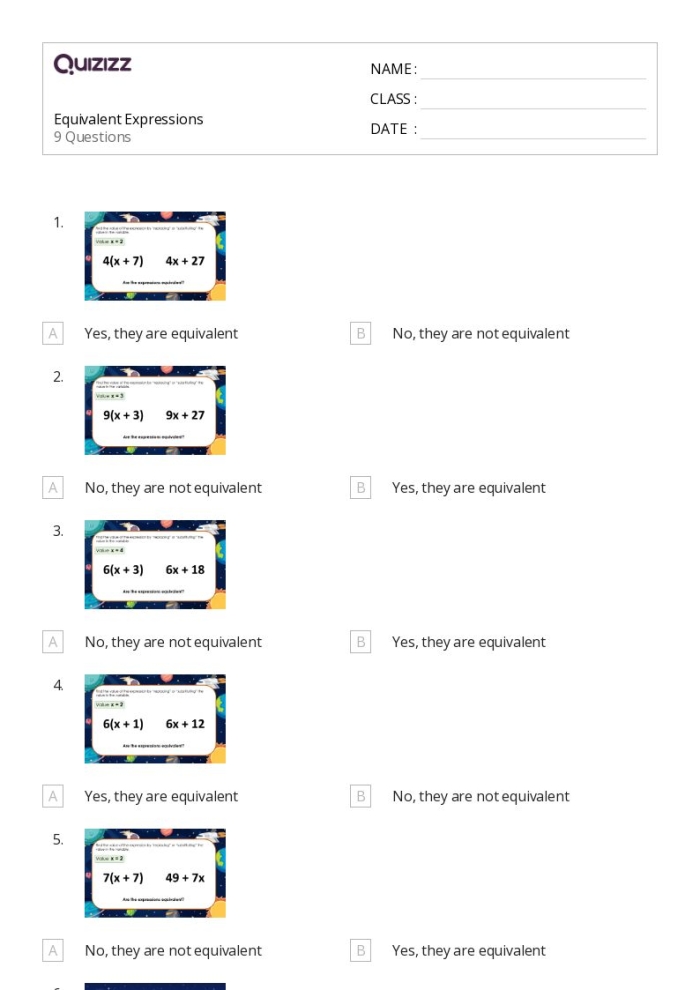 Worksheet for practicing equivalent expressions with addition and multiplication properties for sixth graders