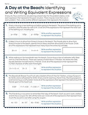 Sixth grade math worksheet for practicing equivalent expressions with addition and multiplication properties