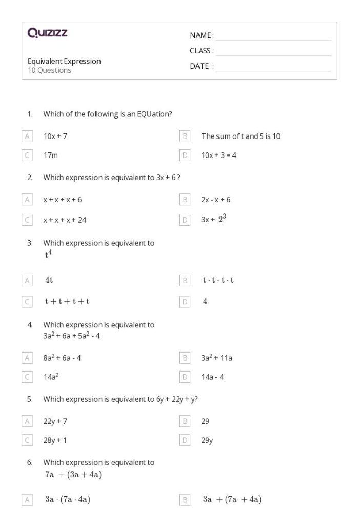 Sixth grade students practice writing equivalent expressions using addition and multiplication properties on this math worksheet.