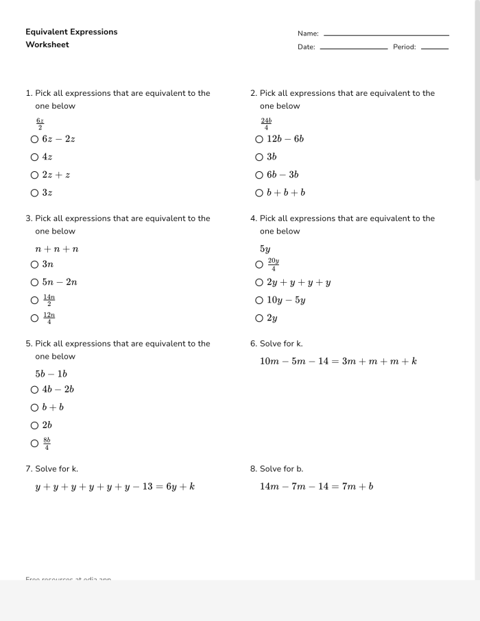 Sixth grade students practicing writing equivalent expressions with addition and multiplication properties on a worksheet