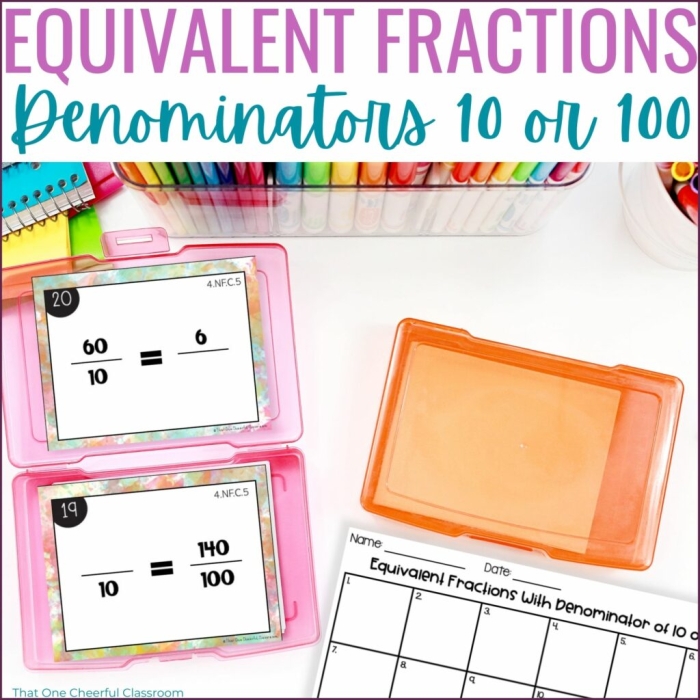 Equivalent Fractions Worksheet Denominators 10 and 100 Grade 4 Page 4 Fourth grade math worksheet for practicing equivalent fractions with denominators of 10 and 100