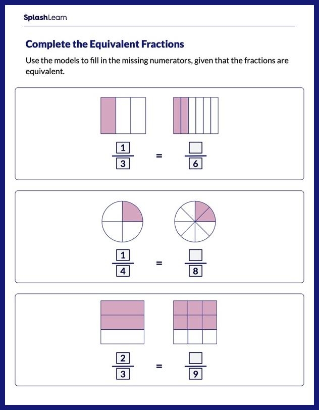 Fourth grade math worksheet featuring bar models to help students visualize and practice finding equivalent fractions