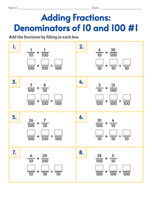 Practice worksheet 19 on finding equivalent fractions using tenths and hundredths place values Fourth grade math worksheet showing equivalent fractions with denominators of 10 and 100 for converting between decimal and fraction forms
