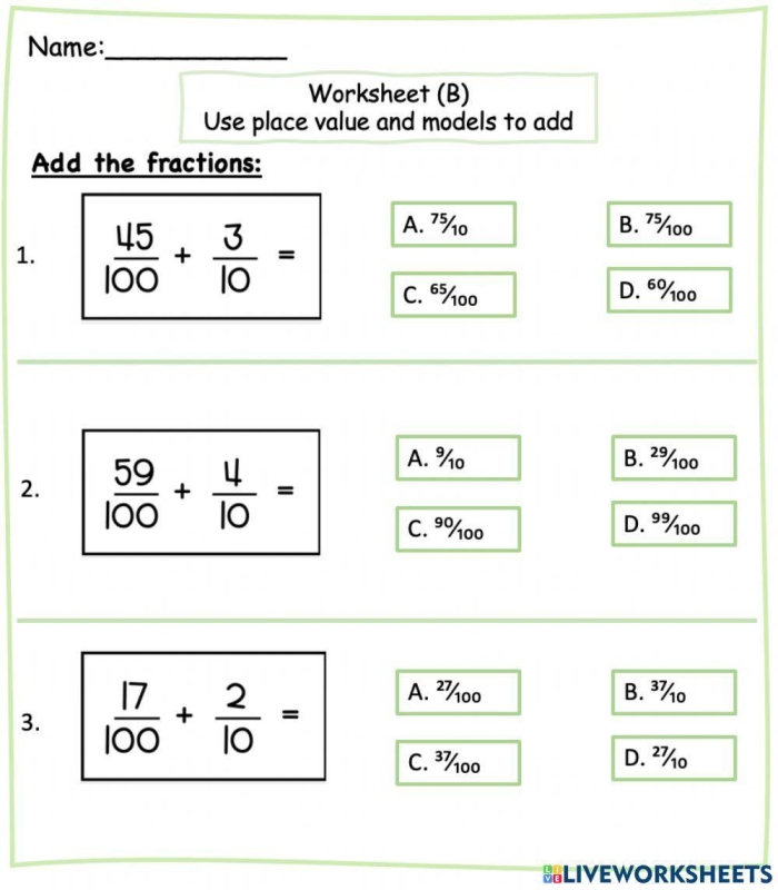 Practice worksheet 21 for learning equivalent fractions using tenths and hundredths Fourth grade math worksheet showing equivalent fractions with denominators of 10 and 100 for converting between decimal and fraction forms
