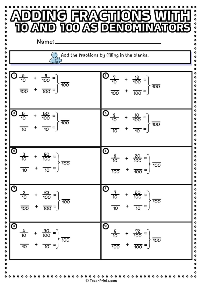 Practice worksheet for finding equivalent fractions using denominators of 10 and 100 in fourth grade mathematics Fourth grade math worksheet showing equivalent fractions with denominators of 10 and 100 for students to practice converting between different fraction forms