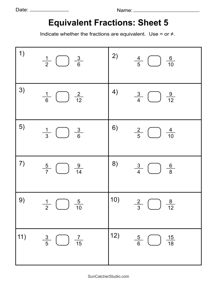 Third grade math worksheet for practicing and identifying equivalent fractions