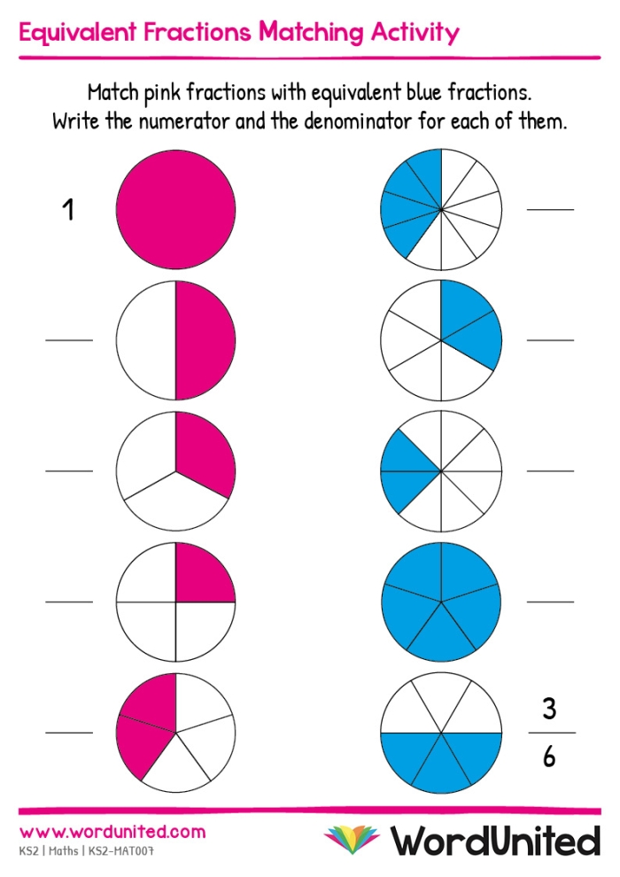 Matching worksheet for third graders on equivalent fractions with visual aids