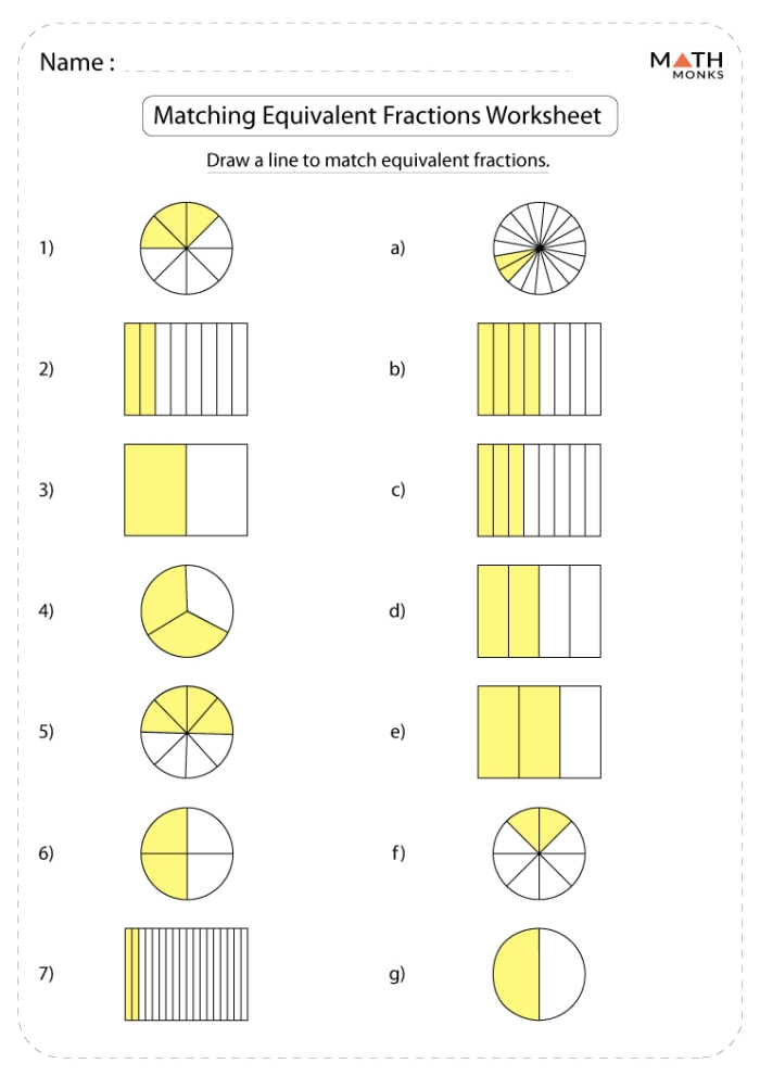 Matching worksheet for teaching third graders about equivalent fractions with visual aids