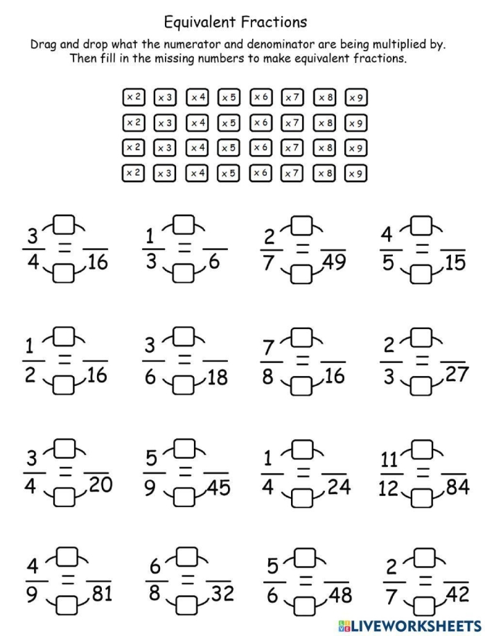 Colorful worksheet illustrating equivalent fractions with visual models for fourth graders