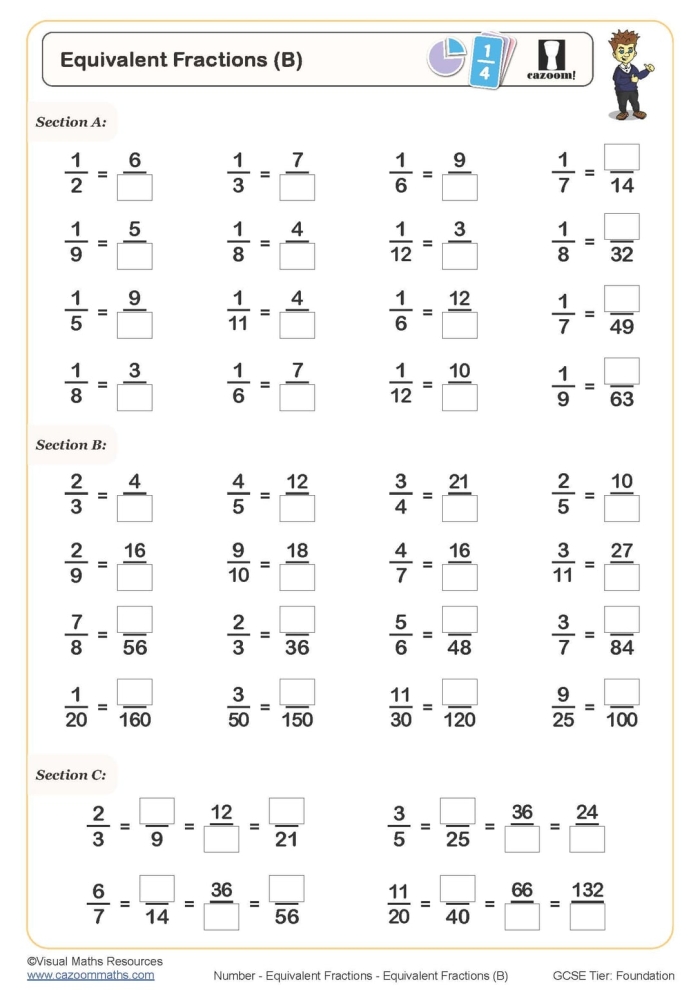 Fourth grade students working through equivalent fractions practice problems on a worksheet with visual fraction models