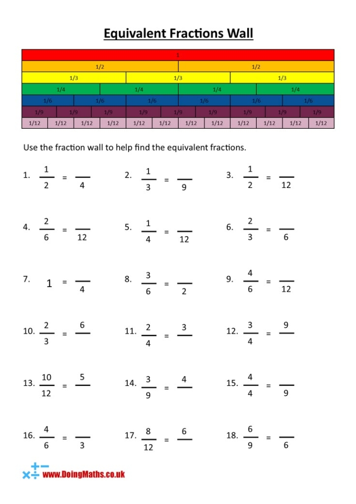 Worksheet for practicing equivalent fractions through multiplication and division for fourth graders