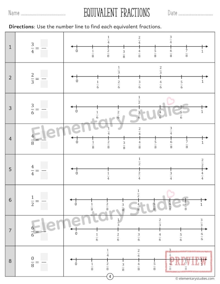 Fourth grade students practicing how to plot equivalent fractions on number lines worksheet 10