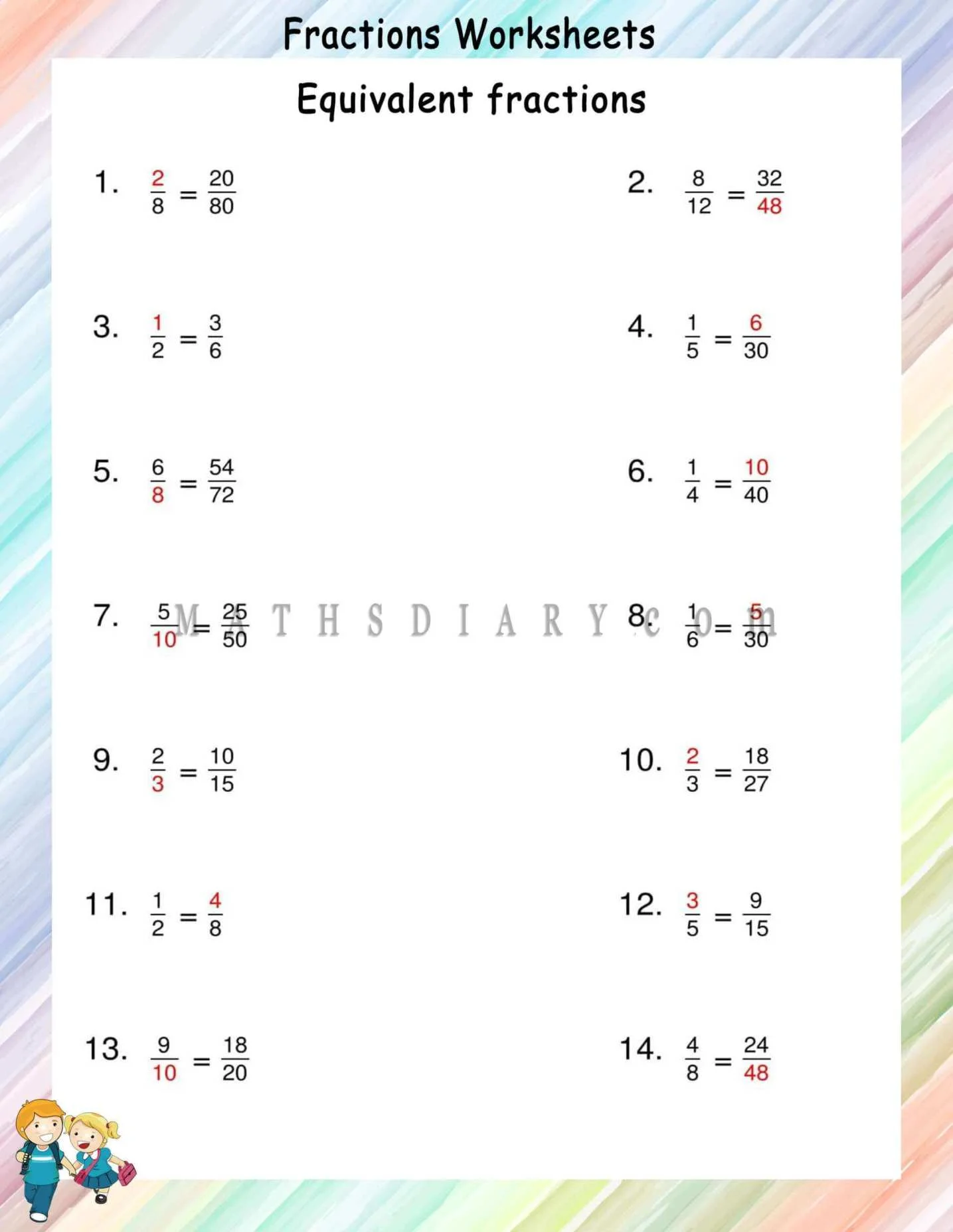 Fourth grade math worksheet focused on calculating equivalent fractions through multiplication and division techniques 19