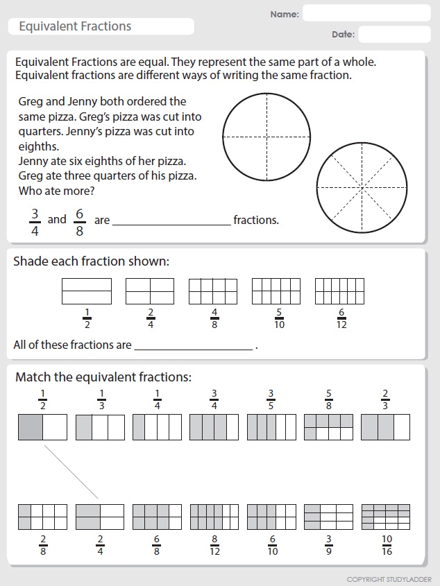 Matching worksheet on equivalent fractions for third graders