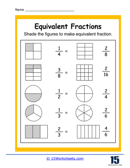 Worksheet featuring matching equivalent fractions for third-grade students