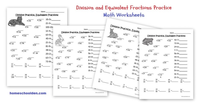 Fourth grade math worksheet for identifying equivalent fractions through multiplication and division tasks