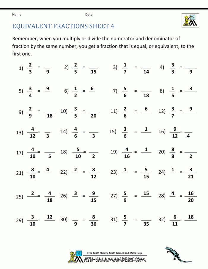 Worksheet for practicing equivalent fractions through multiplication and division for fourth graders