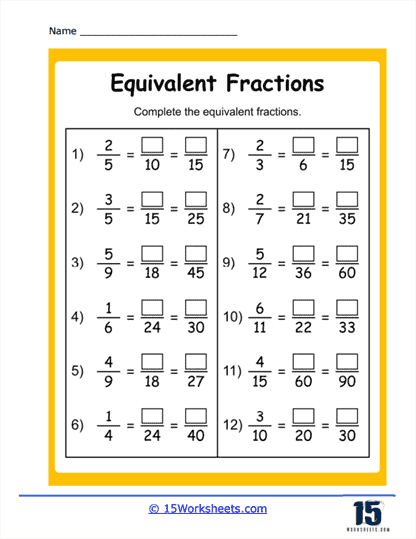 Worksheet for practicing equivalent fractions for third graders