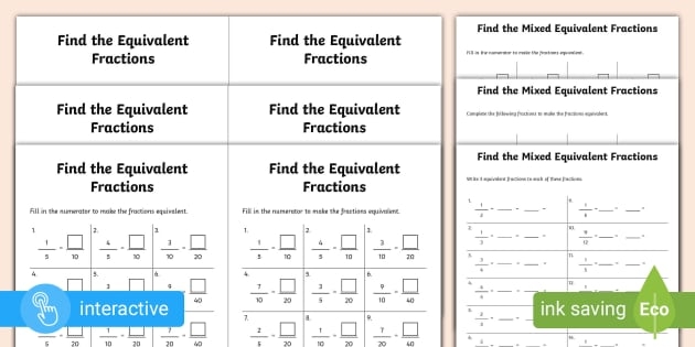 Third Grade Equivalent Fractions Practice Worksheet with Divided Shapes and Fraction Models Visual guide showing fraction bars and circles divided into equal parts to help third graders understand equivalent fractions like one half equals two fourths