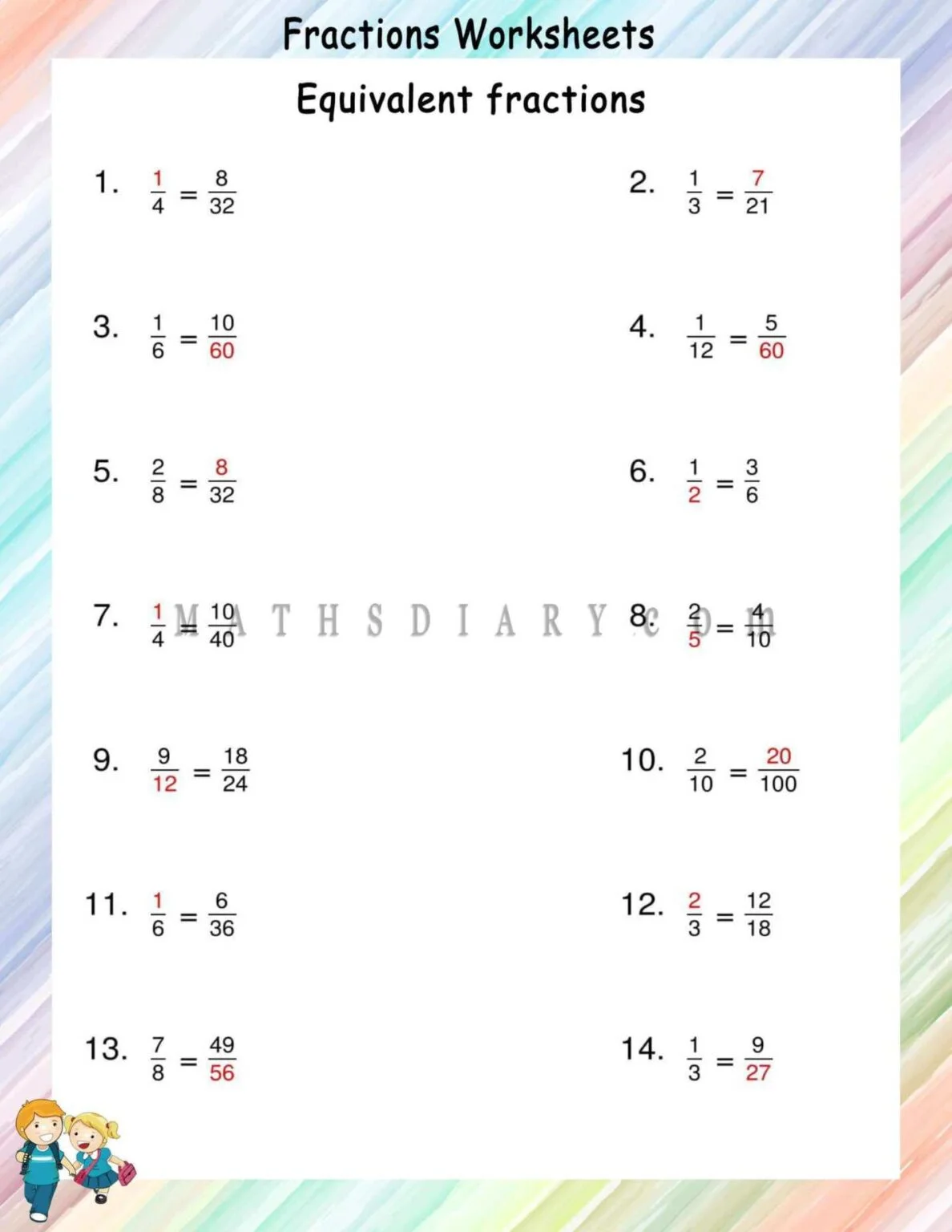 Finding Equivalent Fractions Worksheet for Grade 3 Visual Math Practice 22 A colorful third grade worksheet that uses visual models to help students identify and write equivalent fractions