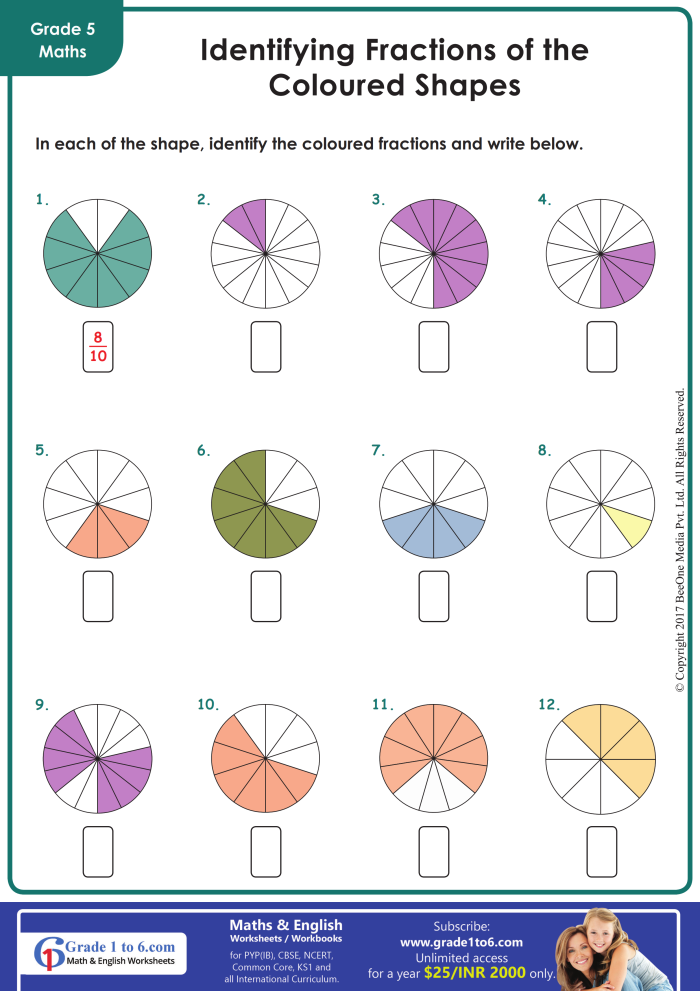 A colorful fourth grade math worksheet showing fraction practice problems with visual models to help students identify equivalent fractions