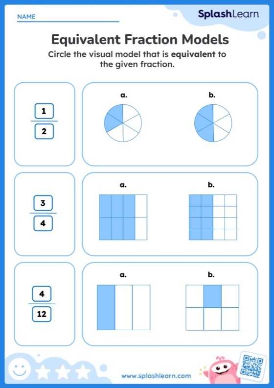 Colorful worksheet for fourth graders exploring equivalent fractions with visual models