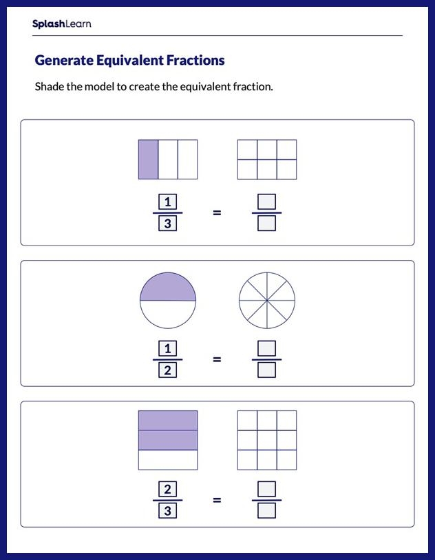 Fourth grade math worksheet featuring colorful visual models to help students identify equivalent fractions