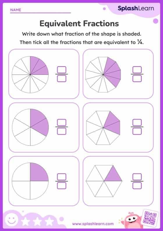 Fourth grade math worksheet featuring colorful visual models to practice equivalent fractions