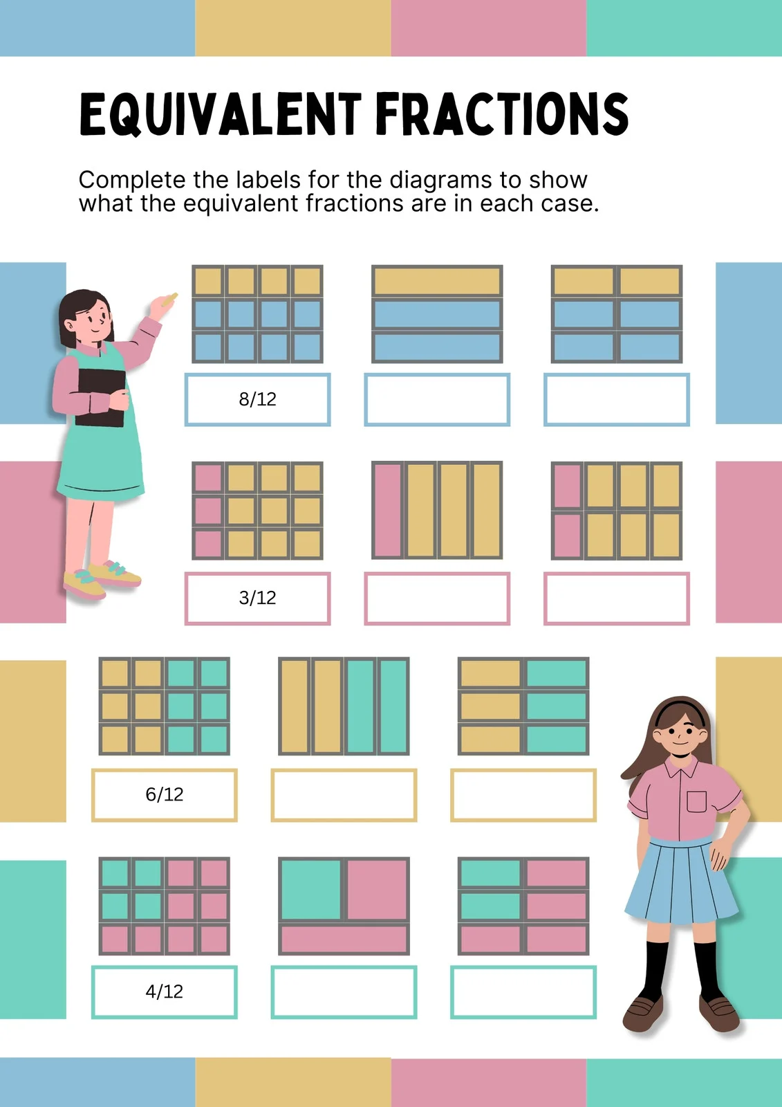 Fourth grade math worksheet featuring colorful visual models to teach equivalent fractions