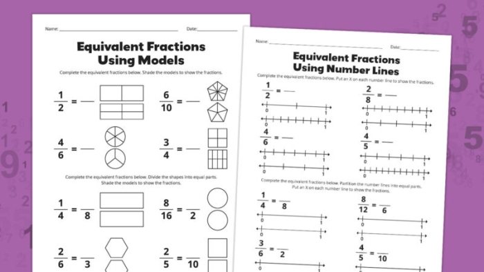 Fourth grade math worksheet featuring colorful visual models to teach equivalent fractions