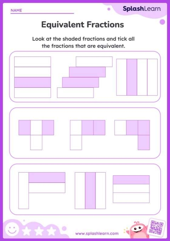 Fourth grade math worksheet featuring colorful visual models to identify equivalent fractions