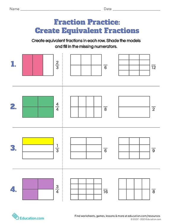 Fourth grade students working through equivalent fractions practice problems on a math worksheet with visual fraction models and exercises