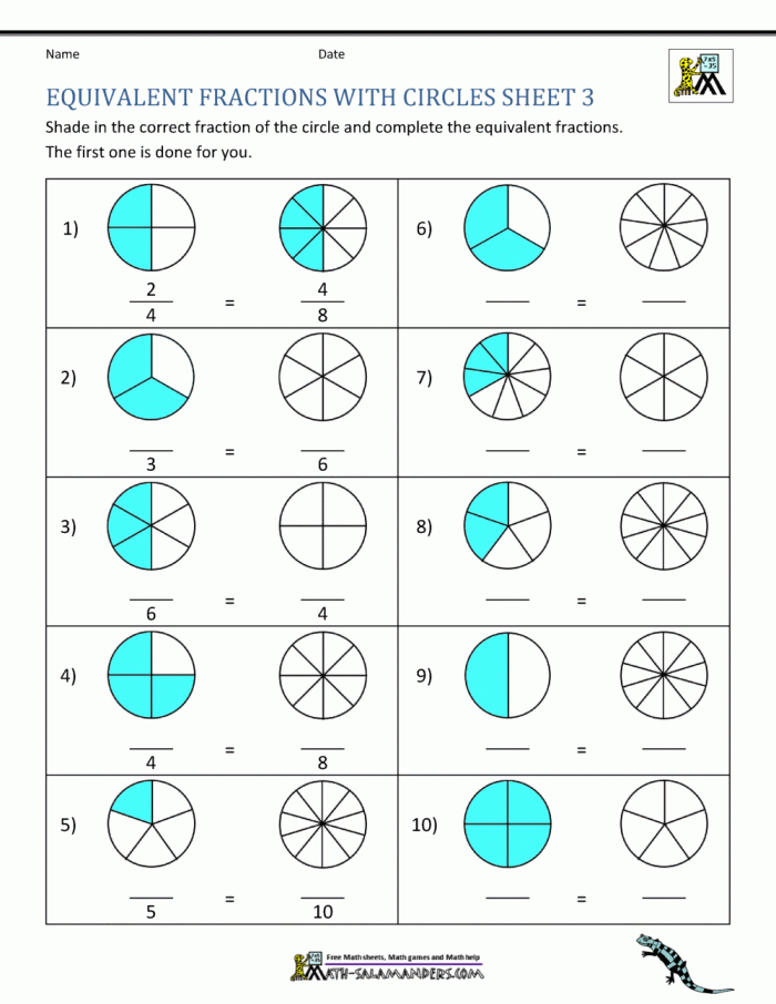Fourth grade student practicing math skills with an equivalent fractions worksheet