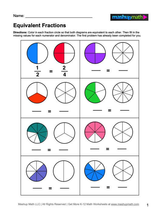 Fourth grade math worksheet featuring colorful illustrations to help students identify equivalent fractions