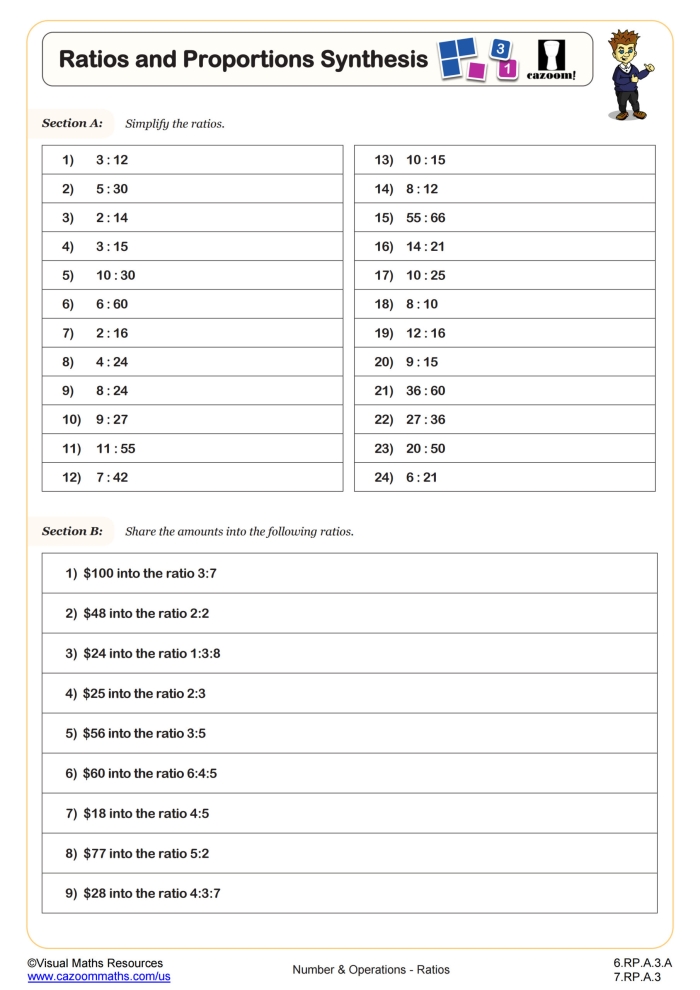 Sixth grade math worksheet for identifying equivalent ratios and proportions