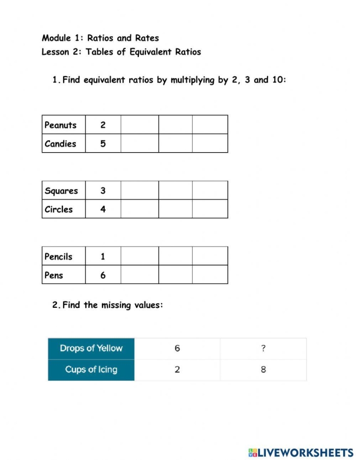 Sixth grade math worksheet for students to practice identifying and creating equivalent ratios