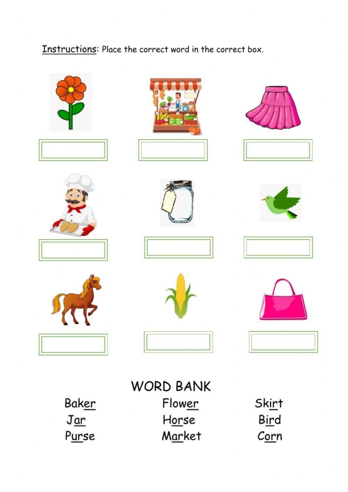 First grade phonics worksheet showing 12 sentences with er, ir, and ur r-controlled vowel words highlighted for reading practice