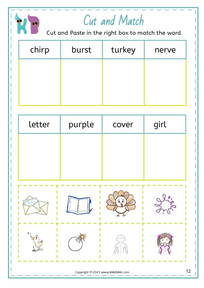 First grade phonics worksheet for practicing r-controlled er ir and ur vowel sounds in sentences