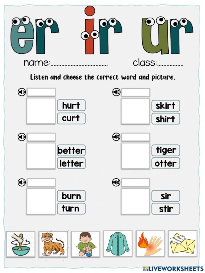First grade phonics worksheet showing 12 sentences with er ir ur r-controlled vowel words for students to identify and circle