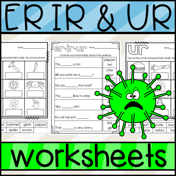 First grade phonics worksheet focusing on identifying words with er, ir, and ur vowel sounds in sentences