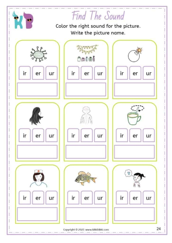 First grade phonics worksheet focusing on identifying Er Ir and Ur words in sentences