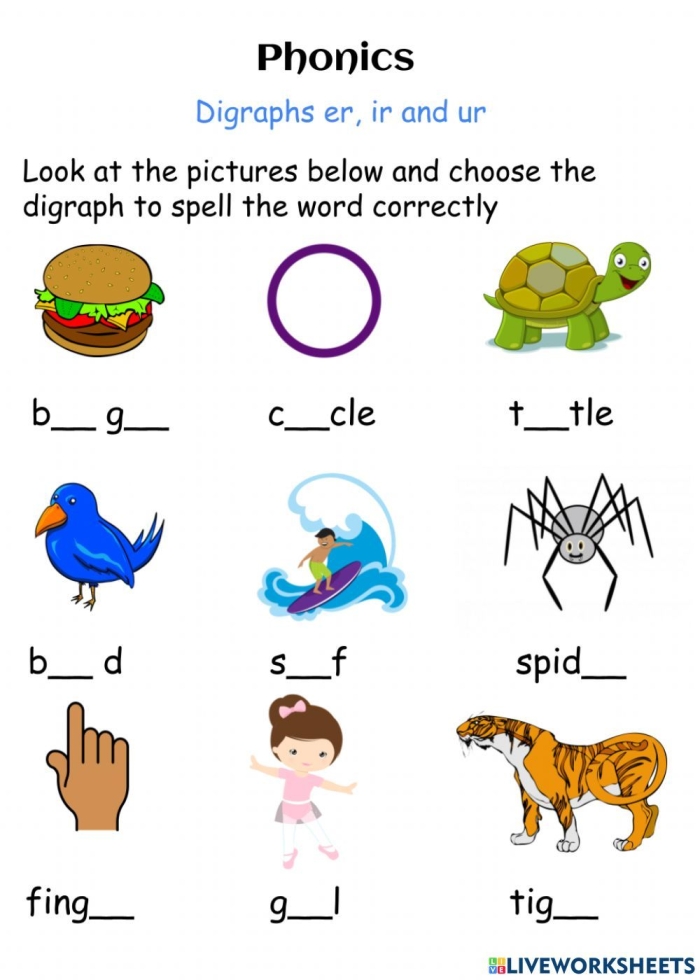 First grade phonics worksheet showing 12 sentences with er, ir, and ur r-controlled vowel words highlighted for reading practice