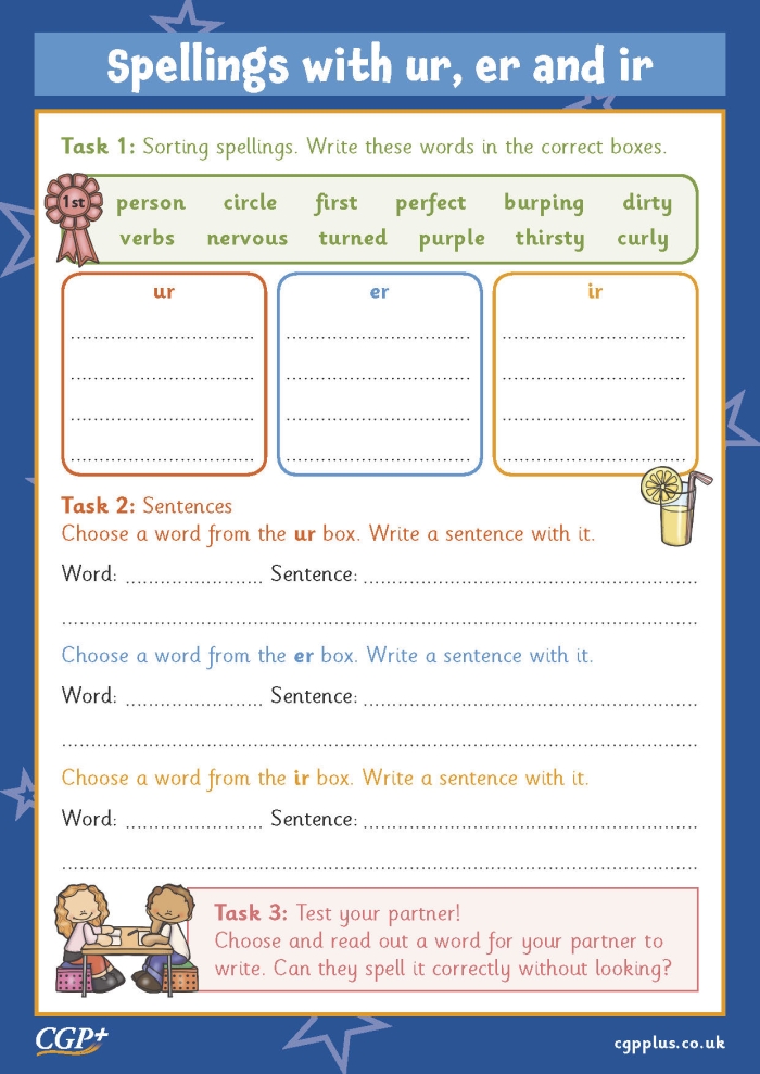 First grade phonics worksheet showing er ir ur r-controlled vowel practice sentences for reading skill development